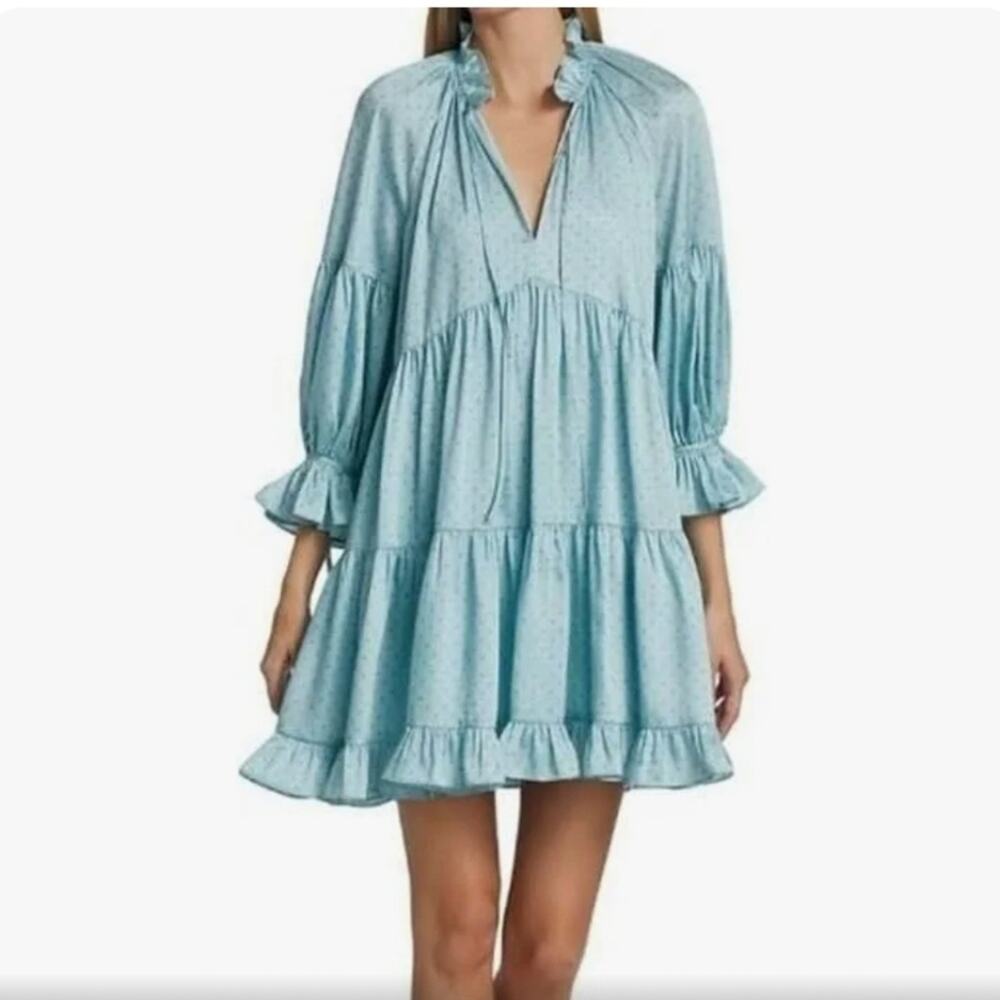 Cinq À Sept Phyllis Pin Dot Tiered Powder Blue Dress (10)